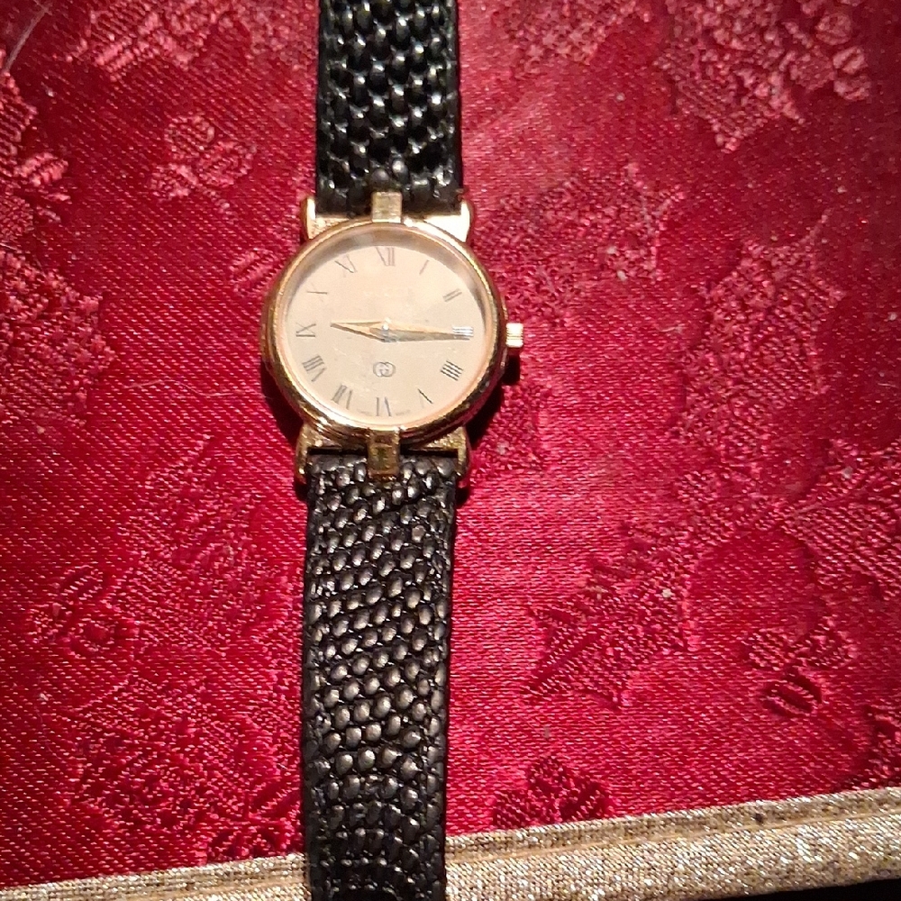 Gold Case Women's Watch with Black Textured Leather Strap